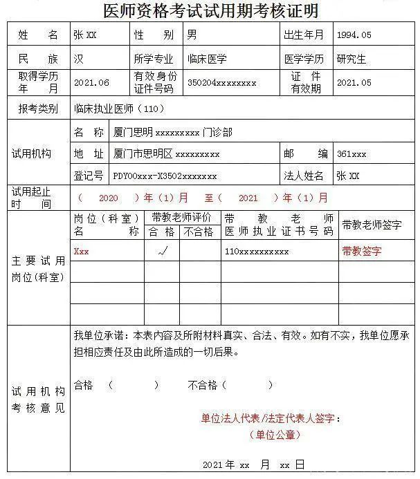 2022年医师资格考试 试用期考核证明